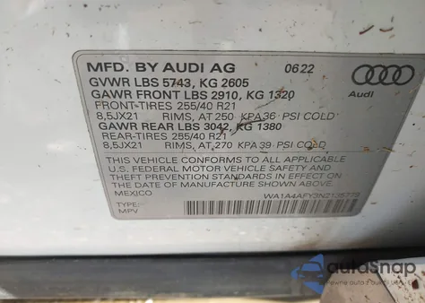 2022 Audi Sq5 Premium Tfsi Quattro Tiptronic z USA, uszkodzony, nr VIN WA1A4AFY3N2135779
